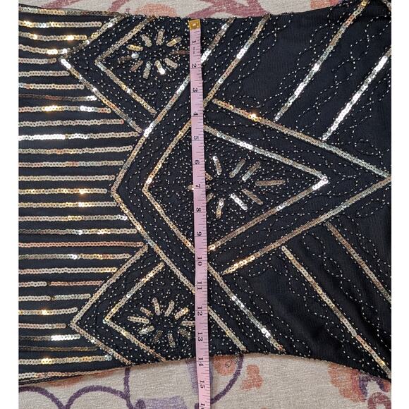 Retro Sequin Flapper Dress with Fringe Black and Gold Small - Picture 8 of 14